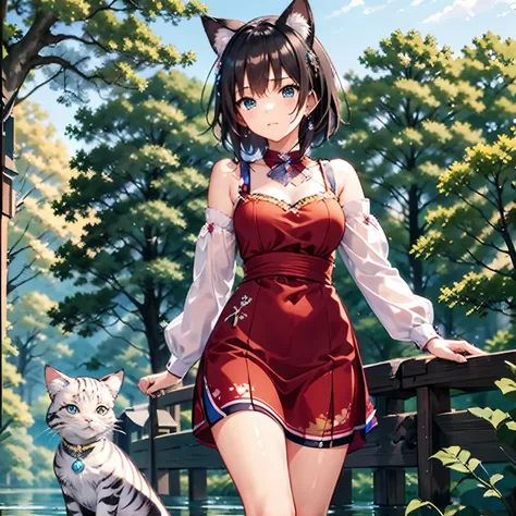 Precision painting、Super delicate、Top image quality、Cheshire Cat、Metallic Chopper、long、Short hair、Animal ears、Cat Ear Original、((1girl in))、landscapes、The scene、Red tree、the woods、lake、autumnal、(Longer dress)