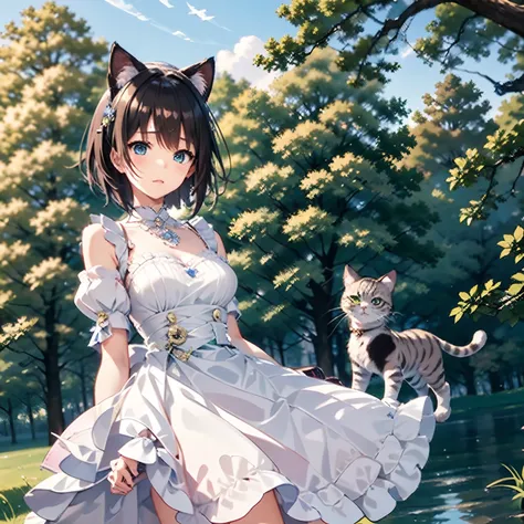 Precision painting、Super delicate、Top image quality、Cheshire Cat、Metallic Chopper、long、Short hair、Animal ears、Cat Ear Original、((1girl in))、landscapes、The scene、Red tree、the woods、lake、autumnal、(Longer dress)