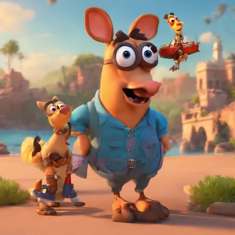 Crie um cartaz inspirado na Disney Pixar com uma menina de olhos castanhos escuros cor parda cabelos pretos pequenos  com rabo de cavalo, wearing goggles,  the scene will be in Pixars distinctive digital art style. Focus on the characters expressions, Vibr...