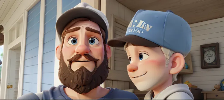 A bearded white man and a light-eyed white child in the Disney Pixar style, alta qualidade, melhor qualidade