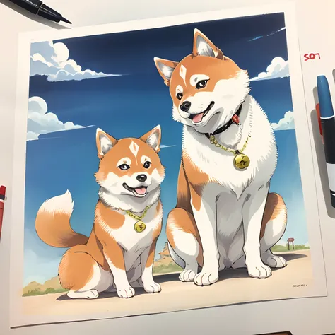 Copic marker illustration in a Japanese manga style of a Shiba Inu, mimicking the pose of a Maneki Neko,