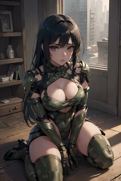 Beautiful Alluring cyberpunk female soldier jenna ortega, wearing camo colored suit, camo armor, camo leotard, glowing parts, exposed mechanical arms, exposed mechanical legs, Athletic Well Toned Body, Elegant Form, Barely Clothed, cleavage, Beautiful Face...