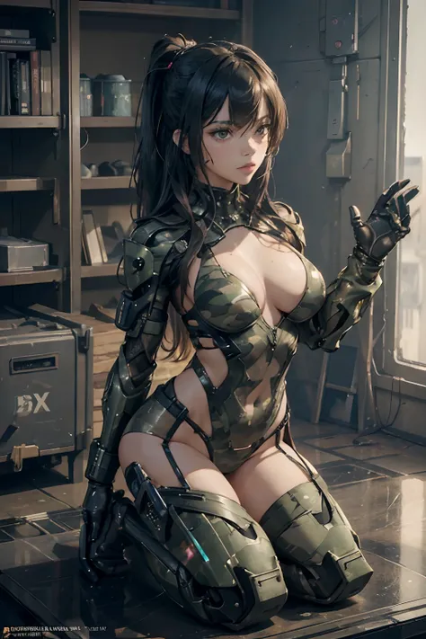 Beautiful Alluring cyberpunk female soldier jenna ortega, wearing camo colored suit, camo armor, camo leotard, glowing parts, exposed mechanical arms, exposed mechanical legs, Athletic Well Toned Body, Elegant Form, Barely Clothed, cleavage, Beautiful Face...