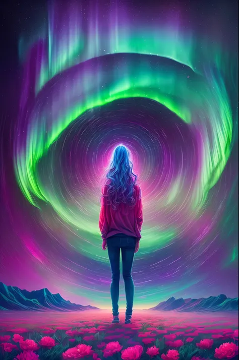 （girl standing in front of a swirl of colorful northern lights: 1.5），((neon star， around the flowers，truth， expecting， depth-of-...