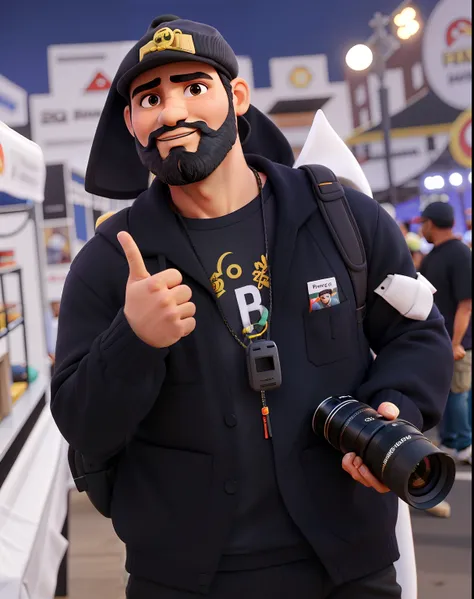 homem com roupa preta e de bone , barba postos brancos , com camera fotografica na mao , At the carnival in Sao Paulo , em alta qualidade