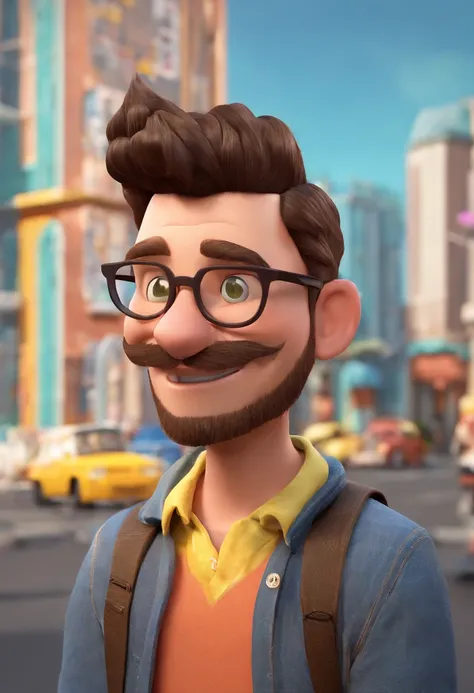 Estilo Pixar: Jovem homen de pele clara, com aproximadamente 20 anos com barba extremamente curta, Shaven done at zero wearing a gray t-shirt with thin copper-colored round glasses with shaved hair on the sides, cabelo crespo muito cacheado, cabelo com cor...