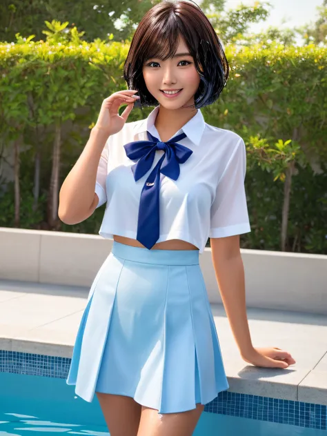 Product quality, 1 girl, upperbody shot, Front view, a Japanese young pretty girl, Bob Hair, Glamorous figure, For school uniforms, Standing by the pool with a big smile, Wet body, Wet hair, hyper cute face, Glossy lips, double eyelids for both eyes, Natur...