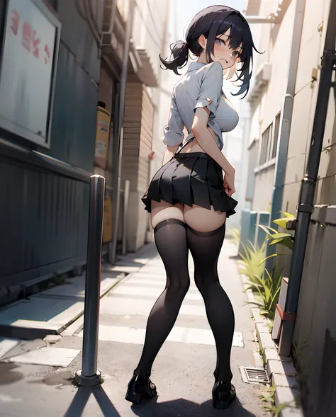 Embarrassed face、Open crotch、Thighs that seem to tear black tights、a miniskirt、Back alley with visible breasts