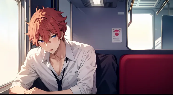 masterpiece, best quality, high quality, shigino_kisumi, 1boy, solo, male focus, upper body, looking at vier, Sitting On The Train,  (Best Quality)