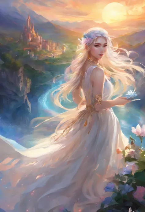 girl with、skin tanned、Mekakure、silber hair、Tsuriformes、white  shirt、a blue skirt、blue eyess、serious facial expression、The Vast Sky、the beautiful skyline、Valleys and rivers、White petals fluttering in the wind