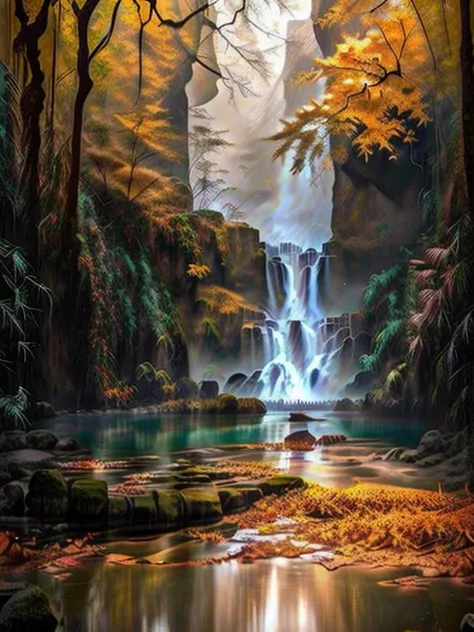 There is a waterfall in the middle of a forest of autumn leaves, Beautiful image, stunning images, fall season, autumn tranquility, lakes and waterfalls, forest and waterfall, a river flowing with waterfall, Beautiful place, Beautiful nature, magical leafs...