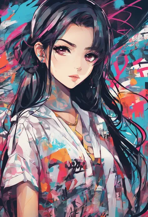 Oil Style、digitalart、1990s anime style、A dark-haired、poneyTail、Japan beautiful girl、18year old