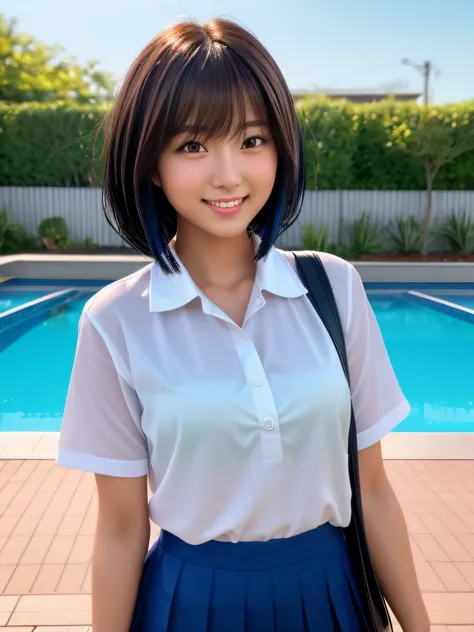 Product quality, 1 girl, upperbody shot, Front view, a Japanese young pretty girl, Bob Hair, Glamorous figure, For school uniforms, Standing by the pool with a big smile, Wet body, Wet hair, hyper cute face, Glossy lips, double eyelids for both eyes, Natur...