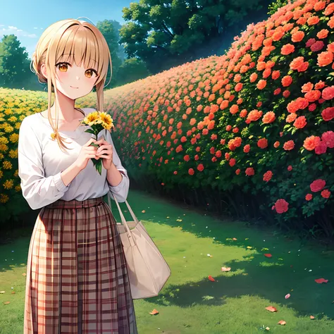 Shiina mahiru, casual clothes, holding flower,