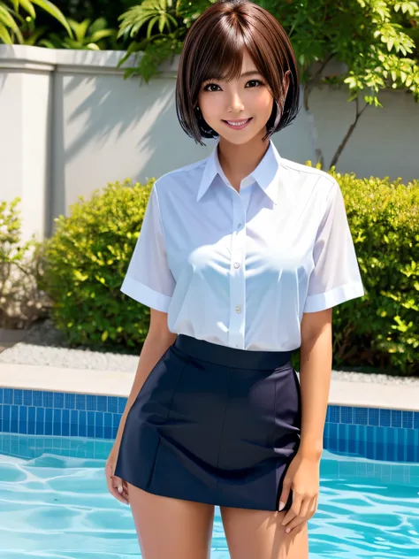 Product quality, 1 girl, upperbody shot, Front view, a Japanese young pretty girl, Bob Hair, Glamorous figure, For school uniforms, Standing by the pool with a big smile, Wet body, Wet hair, hyper cute face, Glossy lips, double eyelids for both eyes, Natur...