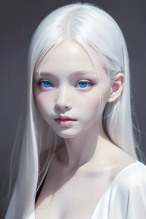 (((white background:1.3)))、best quality, masuter piece, high resolution, albino girl、(((1girl in))), sixteen years old,(((eyes a...