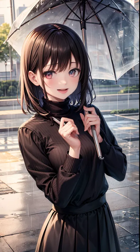 masterpiece, best quality, highres, 1girl, upper body, pov, black hair, medium hair, bangs, pink eyes, black turtleneck sweat, long sleeve, black skirt, standing, in a park, holding a umbrella, rain, water, looking at viewer, smile, open mouth, canines