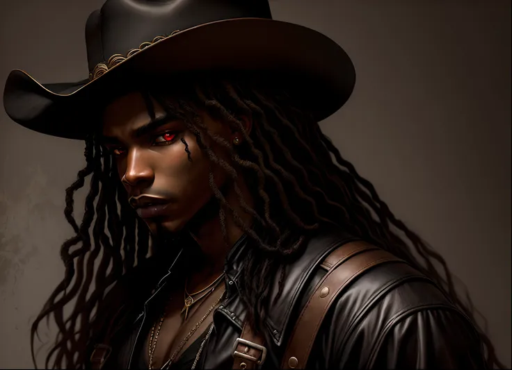 African American vampire with a wild western aesthetic. long hair with a outfit resembling accurate African American culture