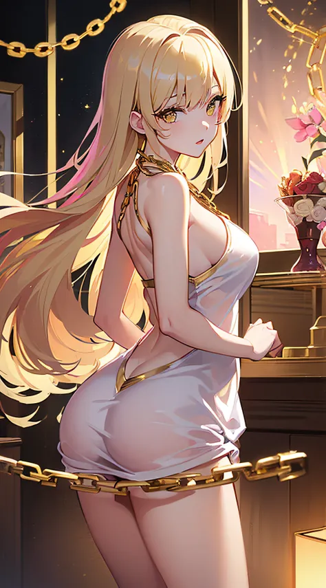 top-quality、Top image quality、​masterpiece、girl with((20yr old、Best Bust、big bast、Bust 85,beautiful golden eyes、Breasts wide open,Blonde long hair、A slender、Large valleys、Tank Tops、Cosmic dress、Gold Bikini、posterior view、Laugh、Close distance,Emphasize ass)...