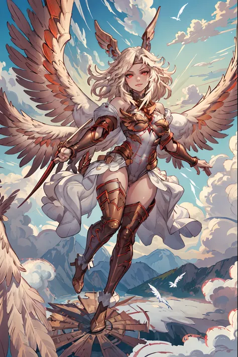 ((masterpiece)), (best quality), absurdres, HMichael, feather hair, feather hair ornament, red eyes,looking at viewer, Marmor, Mleotard, feathered wings, circlet, sky, clouds, above clouds, flying, cowboy shot, clenched hands,, full body, boots