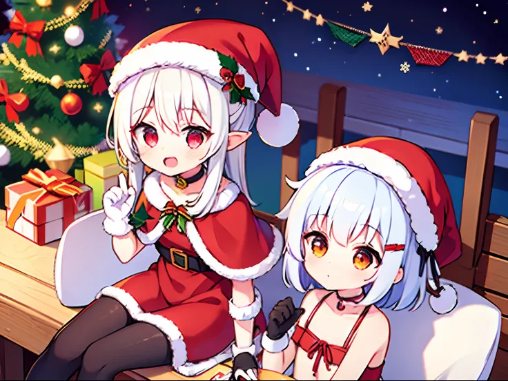 {High quality}, 2girl, {girl}, white hair, shining red eyes, thin tights, tube top dress, {Santa Claus}, Santa, choker, table, whole cake, Christmas tree, warm, {gloves}, {exact fingers}, {party}, {lots of ribbon},