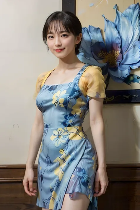 78
(20-year-old princess,is standing), (A hyper-realistic), (masutepiece), ((short-hair:1.46)), (Smooth black hair), (Breast:1.0), (kindly smile:0.9), (Blue and Yellow Floral Dress:1.46), Majestic Palace, Orange Lipstick