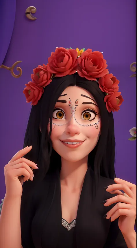 Obra-prima, de melhor qualidade, uma mulher jovem com a pela branca, cabelo preto com uma tiara de flores. Woman has her face painted like a catrina. Woman is wearing black blouse.