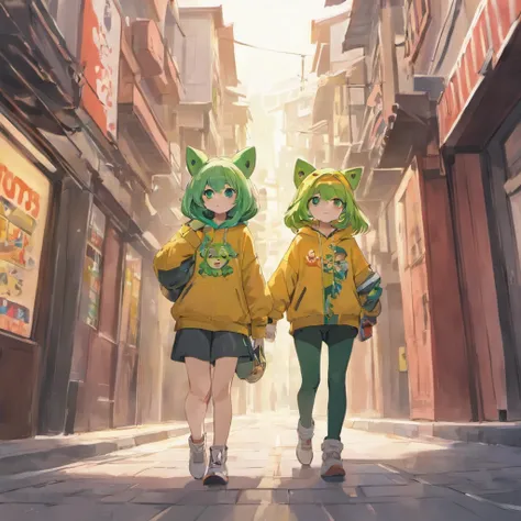 Petite person with green hair and eyes wearing a frog hoodie、Fox hoodie with orange ears and small eyes Anime two girls walking down the street, best anime 4k konachan wallpaper, anime style 4 k, Anime art wallpaper 8k, kawacy,4 k manga wallpaper, anime ar...