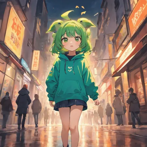 Petite person with green hair and eyes wearing a frog hoodie、Fox hoodie with orange ears and small eyes Anime two girls walking down the street, best anime 4k konachan wallpaper, anime style 4 k, Anime art wallpaper 8k, kawacy,4 k manga wallpaper, anime ar...