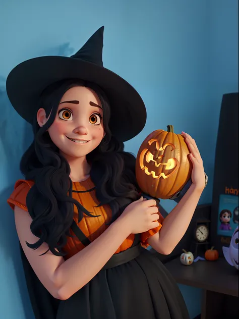 Uma menina com  fantasia de bruxa, Holding a Halloween pumpkin, estilo Disney Pixar, alta qualidade, melhor qualidade