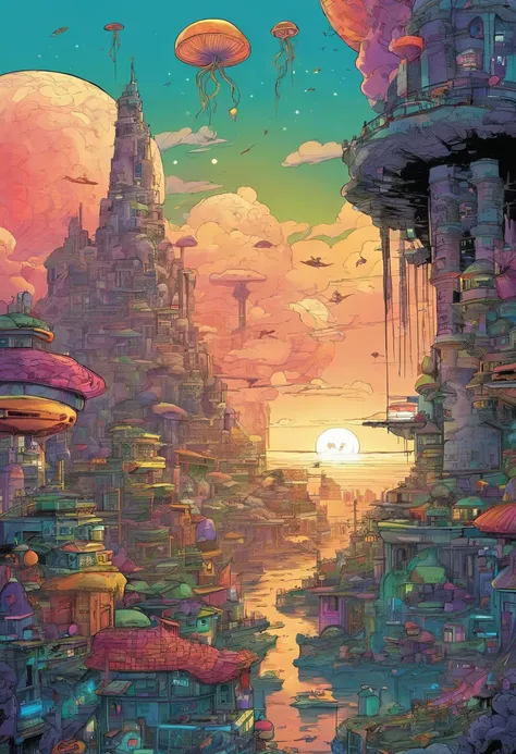 Futuristic cities、deep in the night、neons、Countless ruins in the foreground、A huge fortress in the back、Two jellyfish floating in the sky