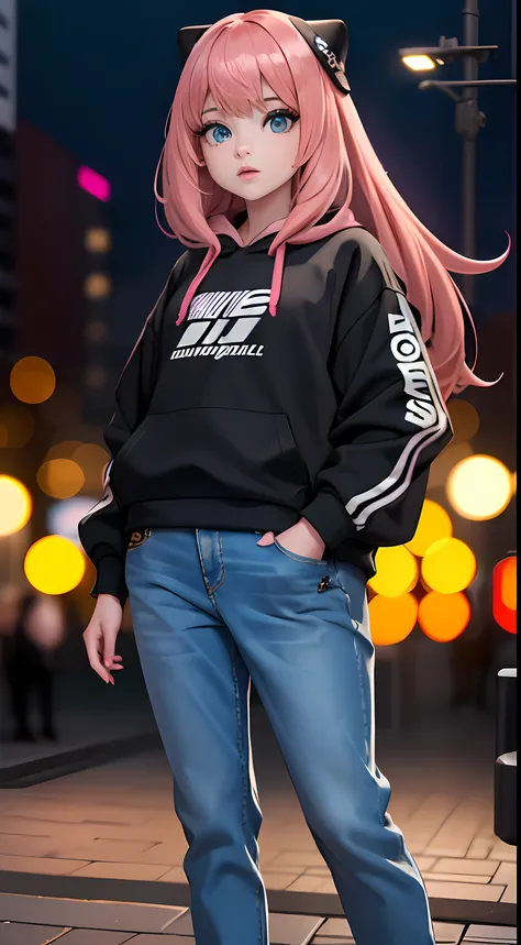 masterpiece, (best quality,highres), full body shot, anya forger, wearing streetwear hoodie, black jeans, detailed eyes, detaile...