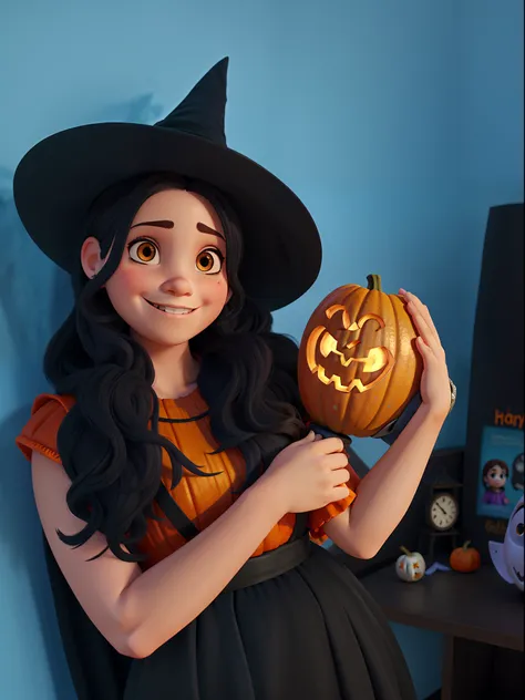 Uma menina com  fantasia de bruxa, Holding a Halloween pumpkin, estilo Disney Pixar, alta qualidade, melhor qualidade