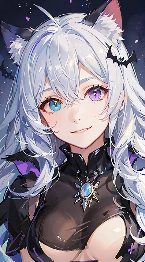 年轻, long white hair, Heterochromia, (Blue left eye, Right eye purple), White cat ears, Turquoise Top, Open chest, Tattoos, Smile, masutepiece, High quality,Happy halloween,Halloween Costume,pumpkin