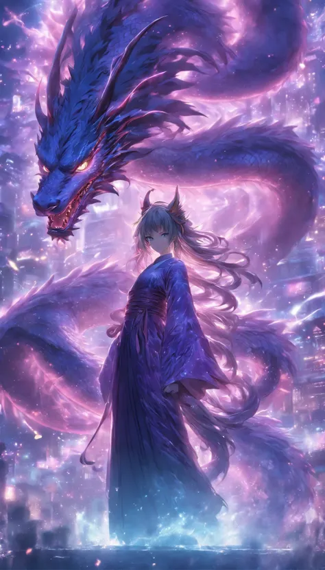 Japanese style, mid-ground, cat-eared girl standing, in front of giant transparent divine dragon, long messy hair, glow effect, ultra-realistic, ultra-photorealistic, monochrome ink style, purple, bleached, dirt, ink, 8K, super fine, high quality, OC rende...