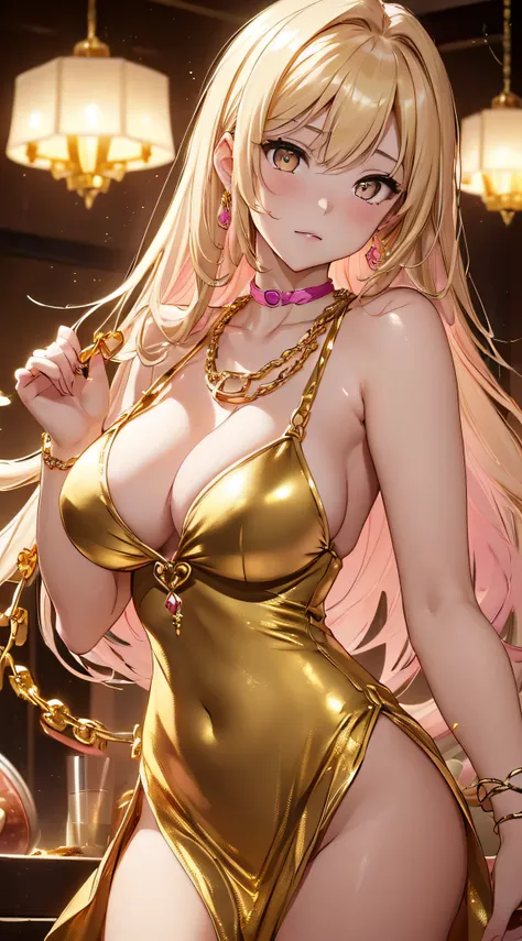 top-quality、Top image quality、​masterpiece、girl with((20yr old、Best Bust、big bast、Bust 85,beautiful golden eyes、Breasts wide open,Blonde long hair、A slender、Large valleys、Tank Tops、Cosmic dress、Gold Bikini、Reach out towards us、Lonely face)）hiquality、Beauti...