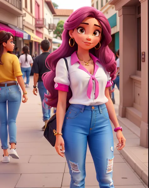 Uma jovem de 33 anos, morena, cabelos castanhos, ondulados no comprimento dos ombros, olhos grandes e castanhos, large eyelashes, nariz arredondado, wearing a fuchsia-colored strappy blouse, Denim Jeans Pants, white sneakers, in a historic city like Tirade...