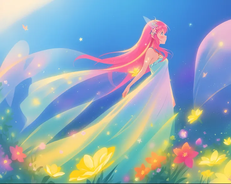 beautiful fairy girl in colorful flowing dress, fairy dress, (huge sparkling fairy wings), fairy queen, ((magical colorful otherworldly landscape)), ((fairy plants and flowers)), meadow filled with flowers of all types and colors, (glowing fairy wings), gl...