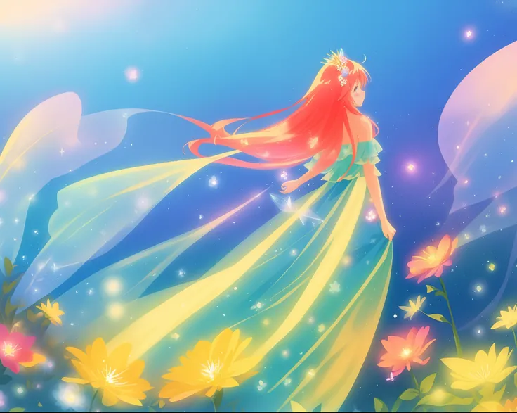 beautiful fairy girl in colorful flowing dress, fairy dress, (huge sparkling fairy wings), fairy queen, ((magical colorful otherworldly landscape)), ((fairy plants and flowers)), meadow filled with flowers of all types and colors, (glowing fairy wings), gl...