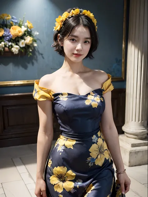 78
(20-year-old princess,is standing), (A hyper-realistic), (masutepiece), ((short-hair:1.46)), (Smooth black hair), (Breast:1.0), (kindly smile:0.9), (Blue and Yellow Floral Dress:1.46), Majestic Palace, Orange Lipstick