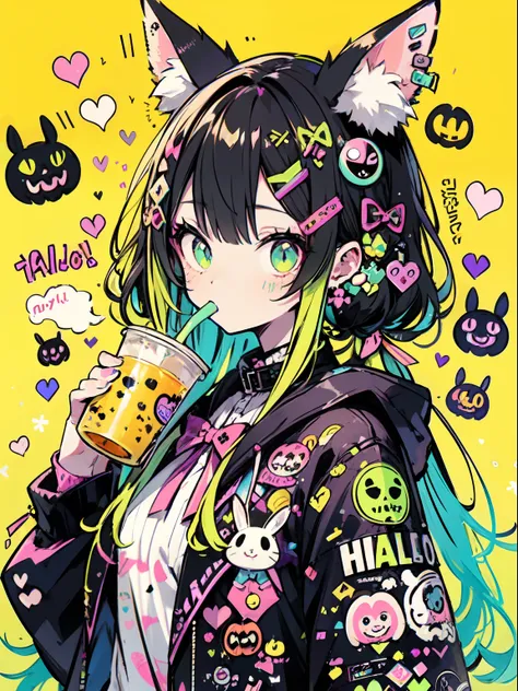 halloween theme, "kawaii, cute bunny girl drinking a boba shake, adorable girl in orenge, neon orenge black, and baby lime color...