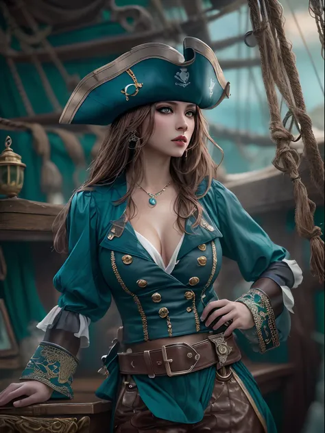 (Masute Piece, An interesting image of a sensual pirate dressed in blue tones as a seductive pirate.:1.3), (Captivating depiction that represents the perfect combination of glamour and adventure.:1.2), (Meticulously crafted to emphasize the characters ench...