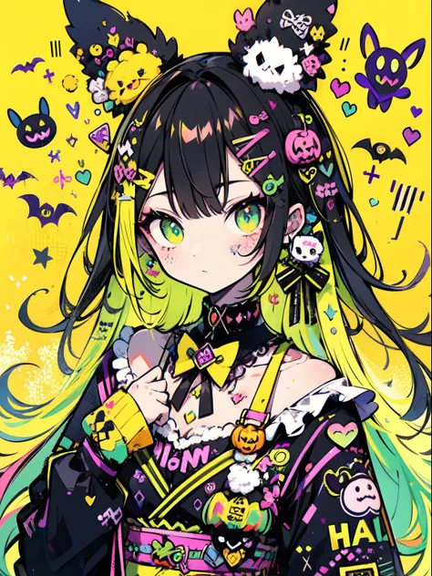 halloween theme, "kawaii, Cute orenge bunny girl, Adorable girl in orenge, neon orenge black, and baby lime color scheme. She wears halloween-themed clothing. Her outfit is fluffy and soft, With decora accessories like hair clips. She embodies a vibrant an...