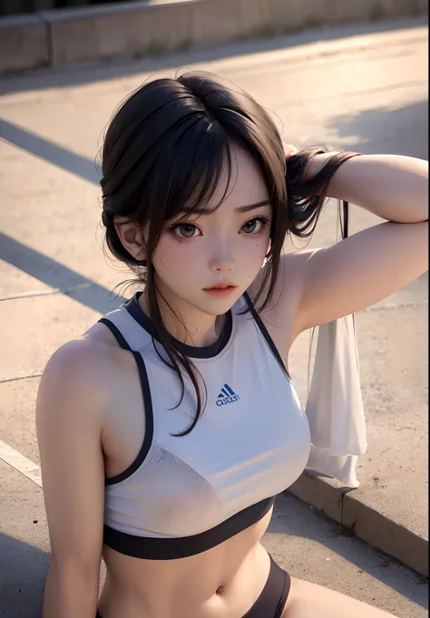 beautiful, masterpiece, best quality, hiqcgbody, anime, 1girl, sam yang, athlete in olympics, sports bra, portrait shot, looking at viewer, frown, outdoor stadium, exhausted and sweaty, intricate details,>