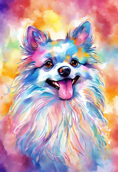 3d aquarela tres caes lulu da pomerania muito peludo e com focinho muito extremamente curto, orelhas com pontas redondas,fundo escuro,high resolution,alta qualidade,colorido