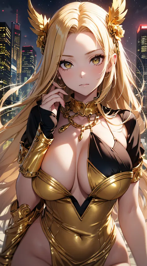 top-quality、Top image quality、​masterpiece、girl with((20yr old、Best Bust、big bast、Bust 85,beautiful golden eyes、Breasts wide open,Blonde long hair、A slender、Large valleys、Gold Bikini Dress、Reach out towards us、Lonely face)）hiquality、Beautiful Art、Backgroun...