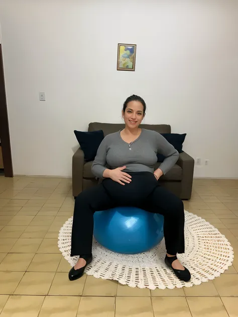 Mulher gravida sentada em uma bola azul em uma sala de estar, barriga saltitante, pregnant belly, 3 5 year brazilian mother, her belly is fat and round, Malika Favre, fernanda suarez, quadris insanamente inflados, gravidez, Directed by: Nandor Soldier, ima...