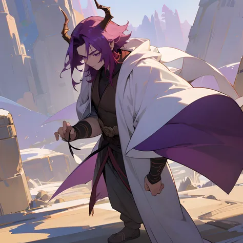 (best quality,4k,8k,highres,masterpiece:1.2),ultra-detailed,Adult Male,1male,dragon horns on head ,long reddish purple hair,purple eyes,strong frame,muscular build,village background,standing in front of buildings,white Haori,White Cloak , bright sunlight,...