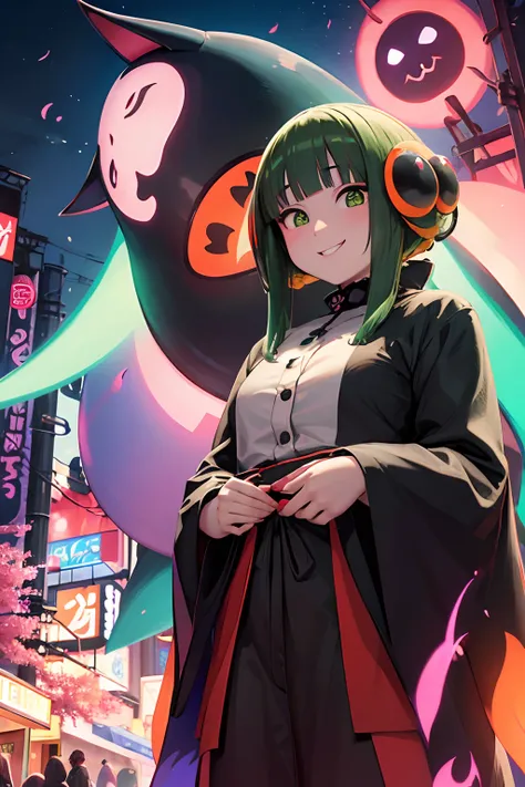 NOFACE from spirited away with glossy wide teeth smile random other charaters from the spirited away movie and in fantasy cherry blossom forest ov illusions and holographic neon anime billboards with fluffy green and orange flying characters with snaky gri...