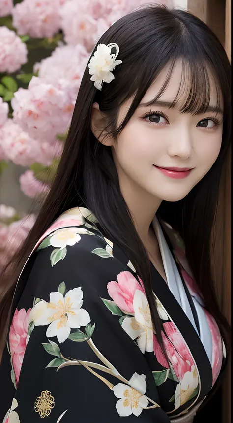 masutepiece, Best Quality, Illustration, Ultra-detailed, finely detail, hight resolution, 8K Wallpaper, Perfect dynamic composition, Beautiful detailed eyes, ,Long Black Hair,huge tit, Bold sexy poses,Smile,Kansai Women、20 years girl、kimono、Beautiful、Sexy ...